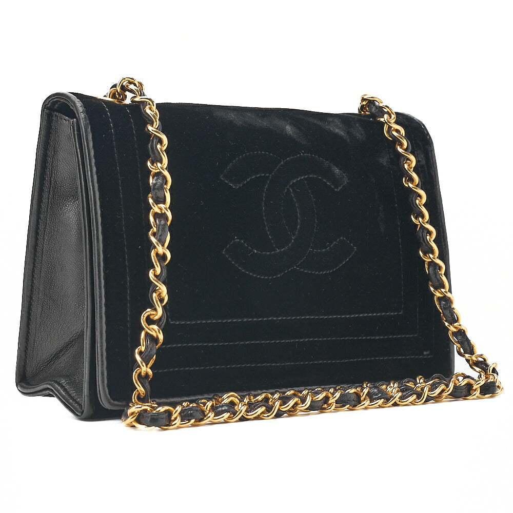CHANEL Full Flap Push Lock Velour Black Coco Mark Chain Shoulder Gold-Tone Hardware, Pre-Owned