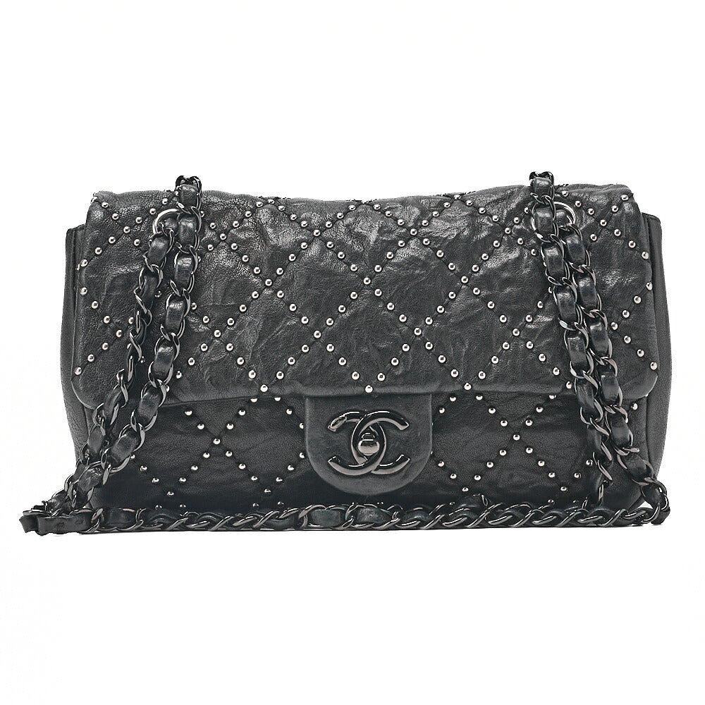CHANEL Calfskin Studs Matelasse Single Flap Chain Shoulder Black Black-Tone Hardware, Pre-Owned