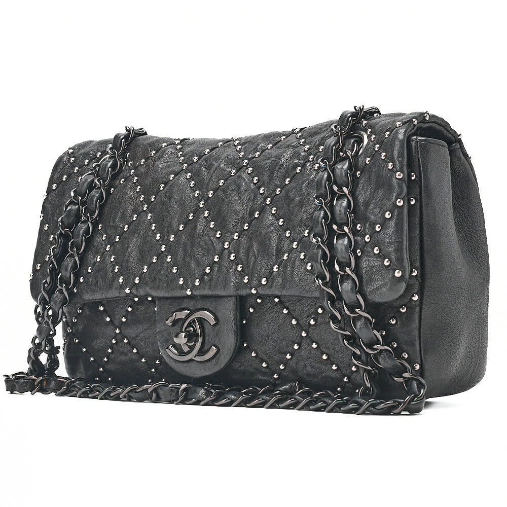 CHANEL Calfskin Studs Matelasse Single Flap Chain Shoulder Black Black-Tone Hardware, Pre-Owned