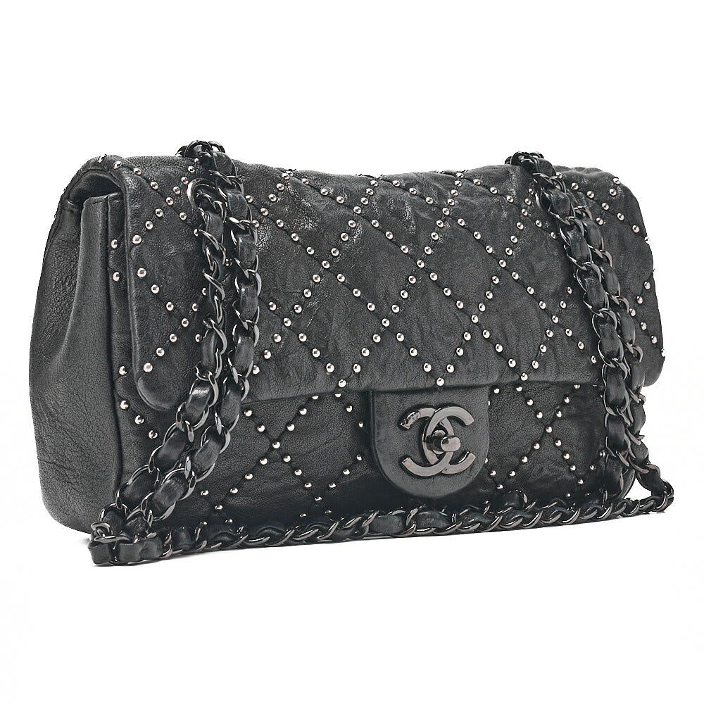 CHANEL Calfskin Studs Matelasse Single Flap Chain Shoulder Black Black-Tone Hardware, Pre-Owned