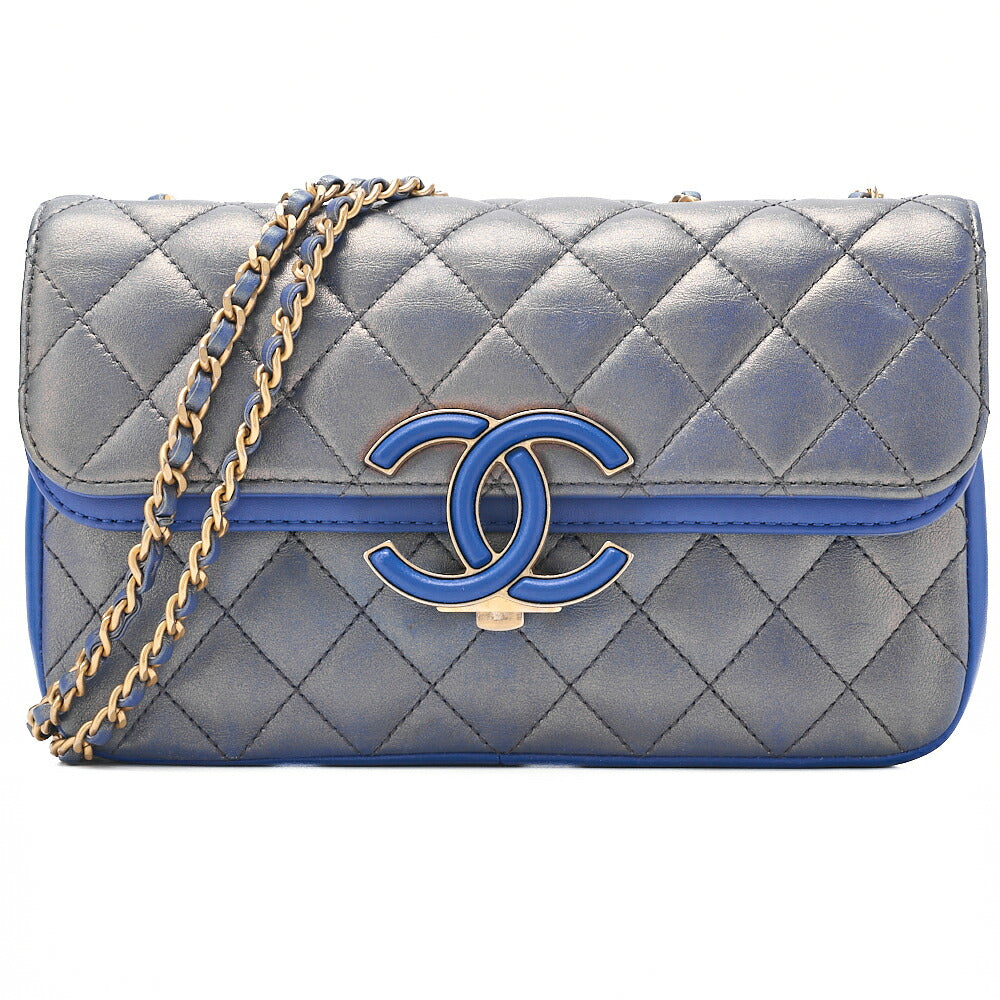 CHANEL Chain Shoulder Bag Matelasse Dekacoco Double Straight Flap Lambskin Navy Gold-Tone Hardware, Pre-Owned