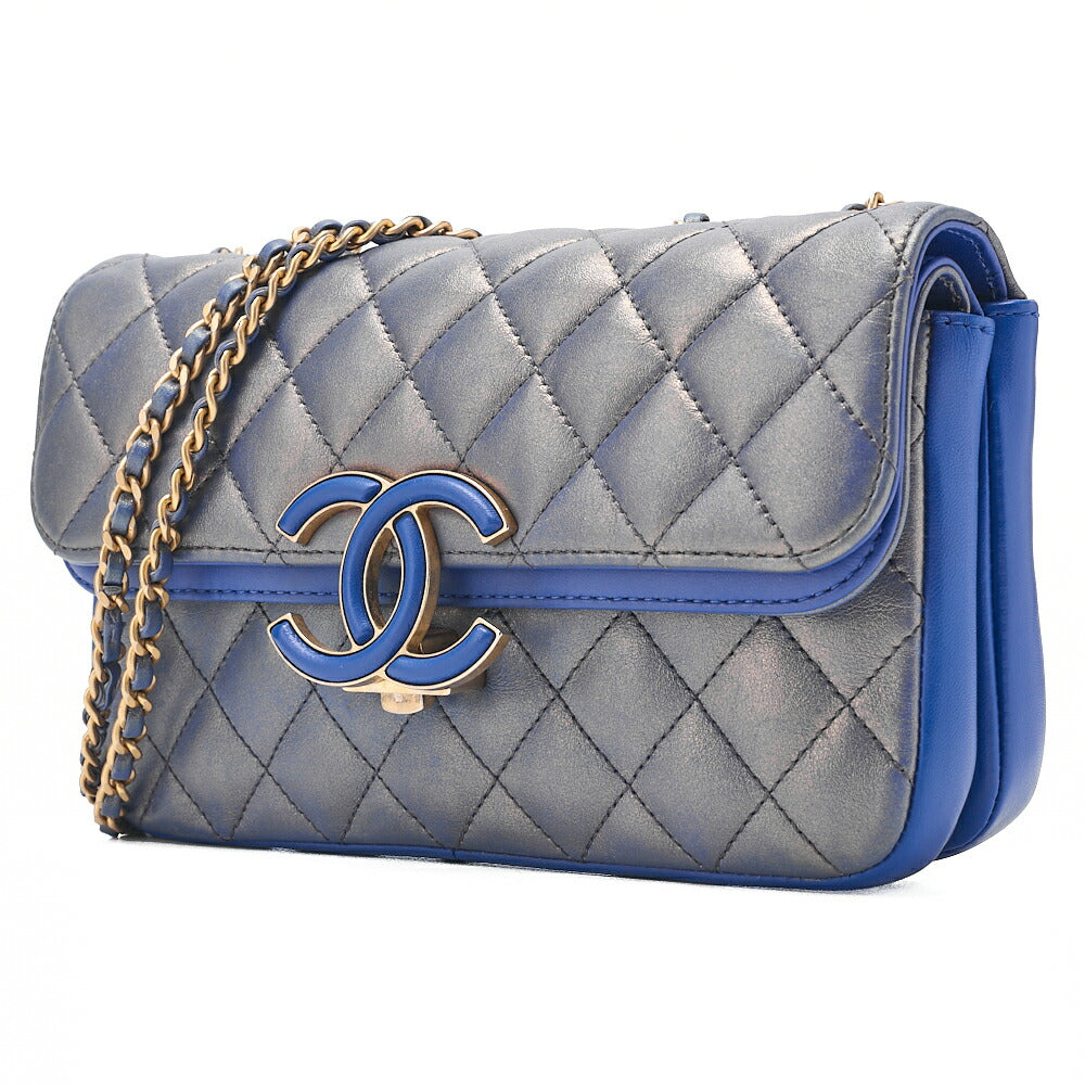 CHANEL Chain Shoulder Bag Matelasse Dekacoco Double Straight Flap Lambskin Navy Gold-Tone Hardware, Pre-Owned