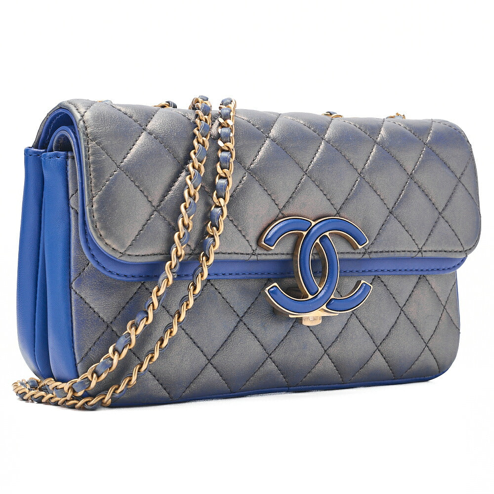 CHANEL Chain Shoulder Bag Matelasse Dekacoco Double Straight Flap Lambskin Navy Gold-Tone Hardware, Pre-Owned