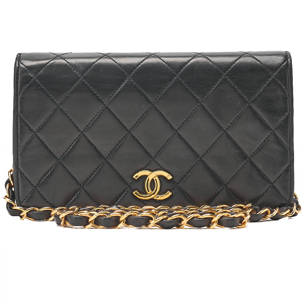 CHANEL Lambskin Matelasse Full Flap 19cm Push Lock Chain Shoulder Black Gold-Tone Hardware, Pre-Owned