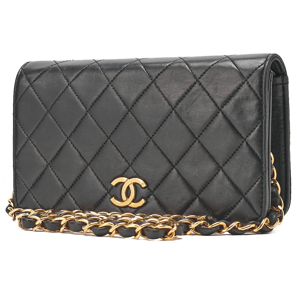 CHANEL Lambskin Matelasse Full Flap 19cm Push Lock Chain Shoulder Black Gold-Tone Hardware, Pre-Owned