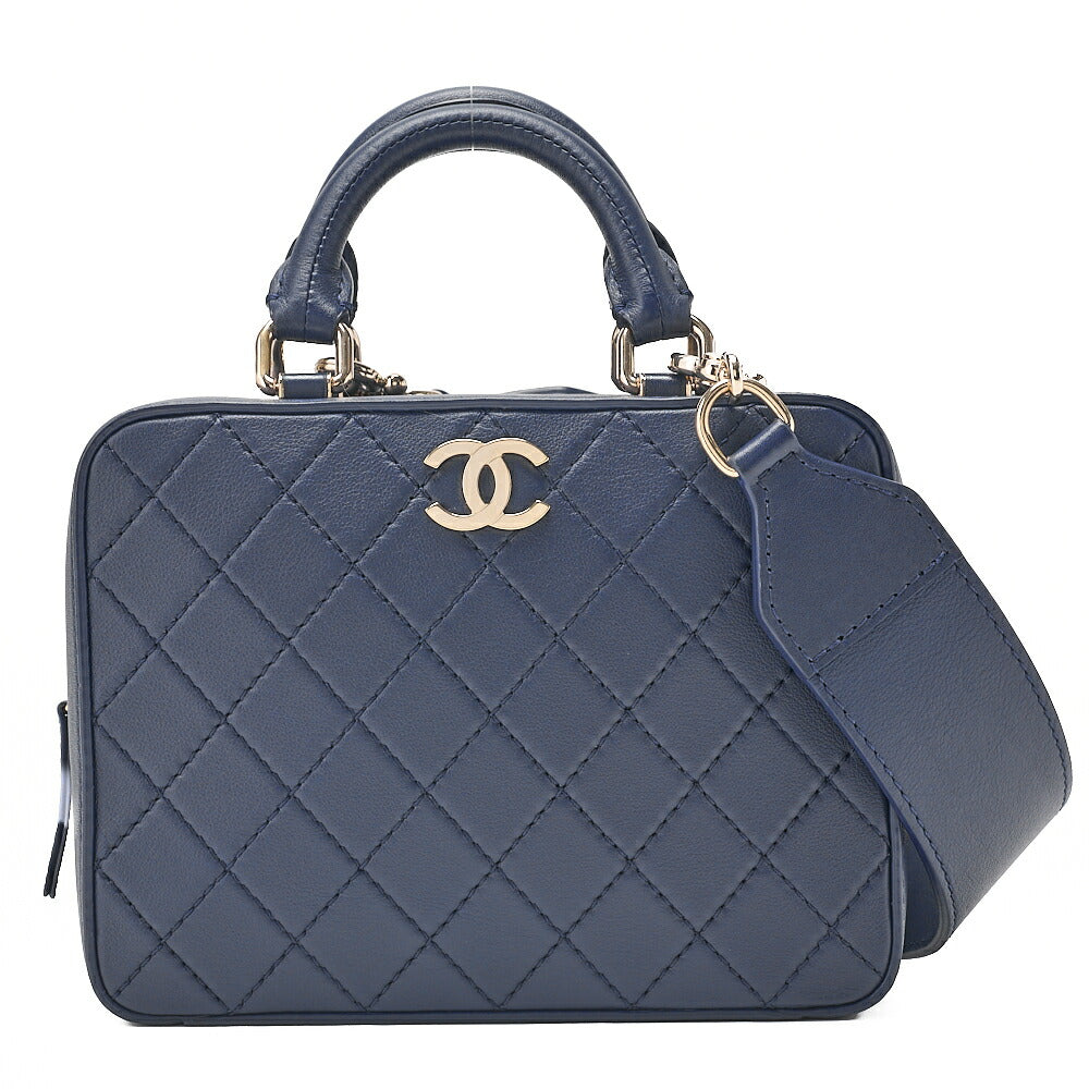 CHANEL Matelasse 2WAY Chain Shoulder Square Calfskin Navy Gold-Tone Hardware, Pre-Owned