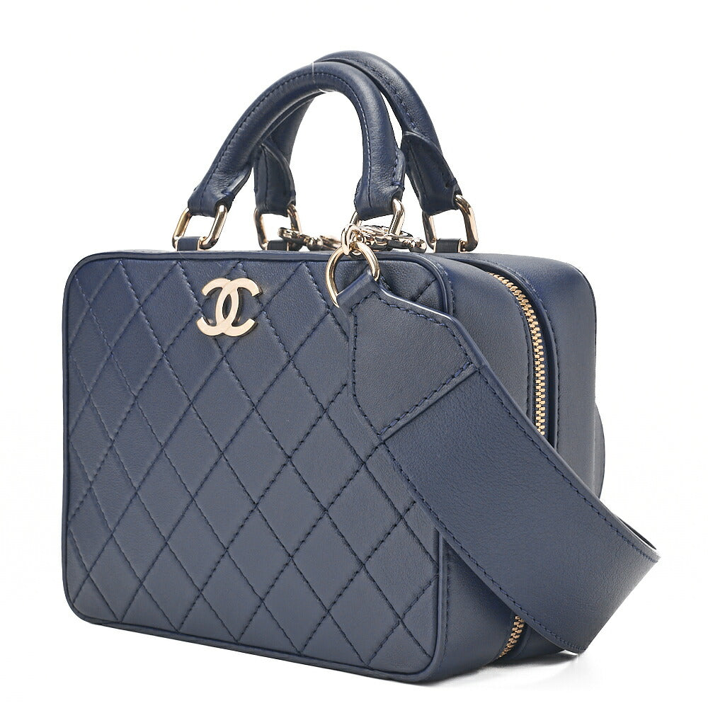 CHANEL Matelasse 2WAY Chain Shoulder Square Calfskin Navy Gold-Tone Hardware, Pre-Owned