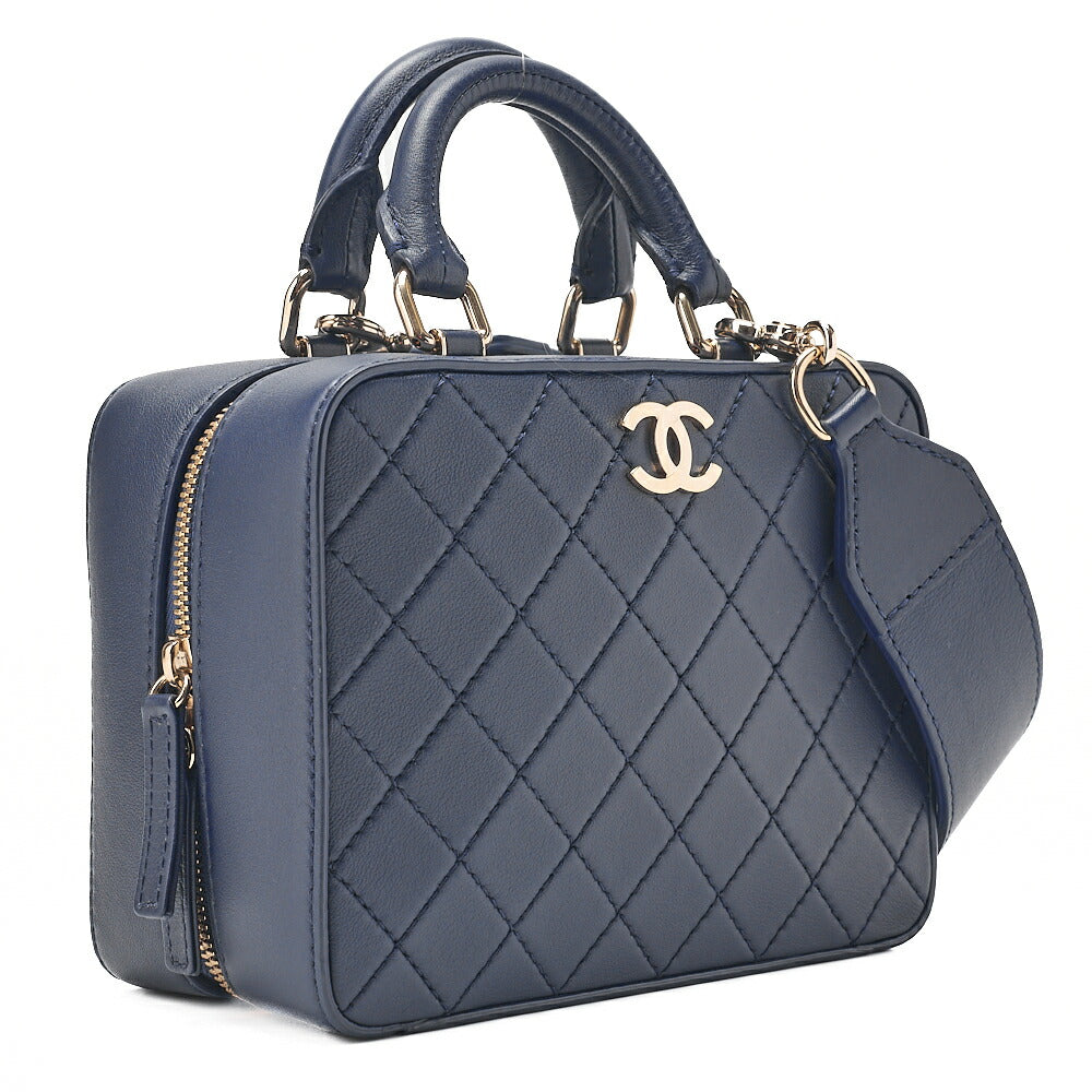 CHANEL Matelasse 2WAY Chain Shoulder Square Calfskin Navy Gold-Tone Hardware, Pre-Owned