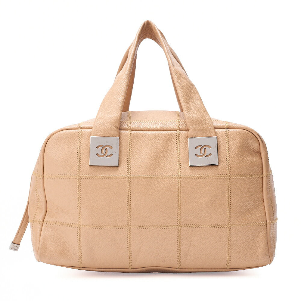 CHANEL Handbag Choco Bar Coco Mark Caviar Skin Beige Silver-Tone Hardware, Pre-Owned
