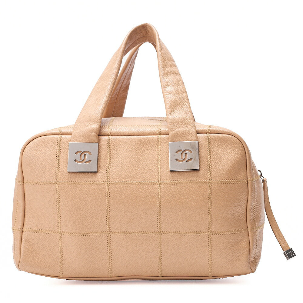 CHANEL Handbag Choco Bar Coco Mark Caviar Skin Beige Silver-Tone Hardware, Pre-Owned