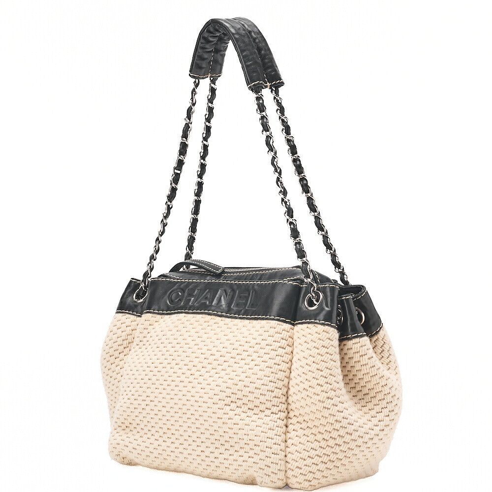 CHANEL Logo Mark One-Shoulder Bag Cotton ⅹ Lambskin Black x White Silver-Tone Hardware, Pre-Owned