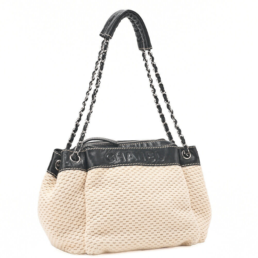 CHANEL Logo Mark One-Shoulder Bag Cotton ⅹ Lambskin Black x White Silver-Tone Hardware, Pre-Owned
