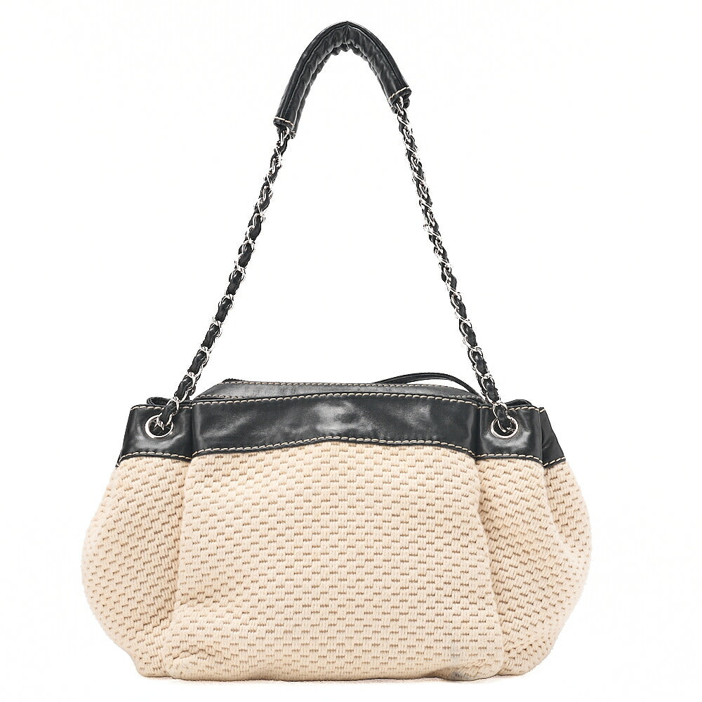CHANEL Logo Mark One-Shoulder Bag Cotton ⅹ Lambskin Black x White Silver-Tone Hardware, Pre-Owned