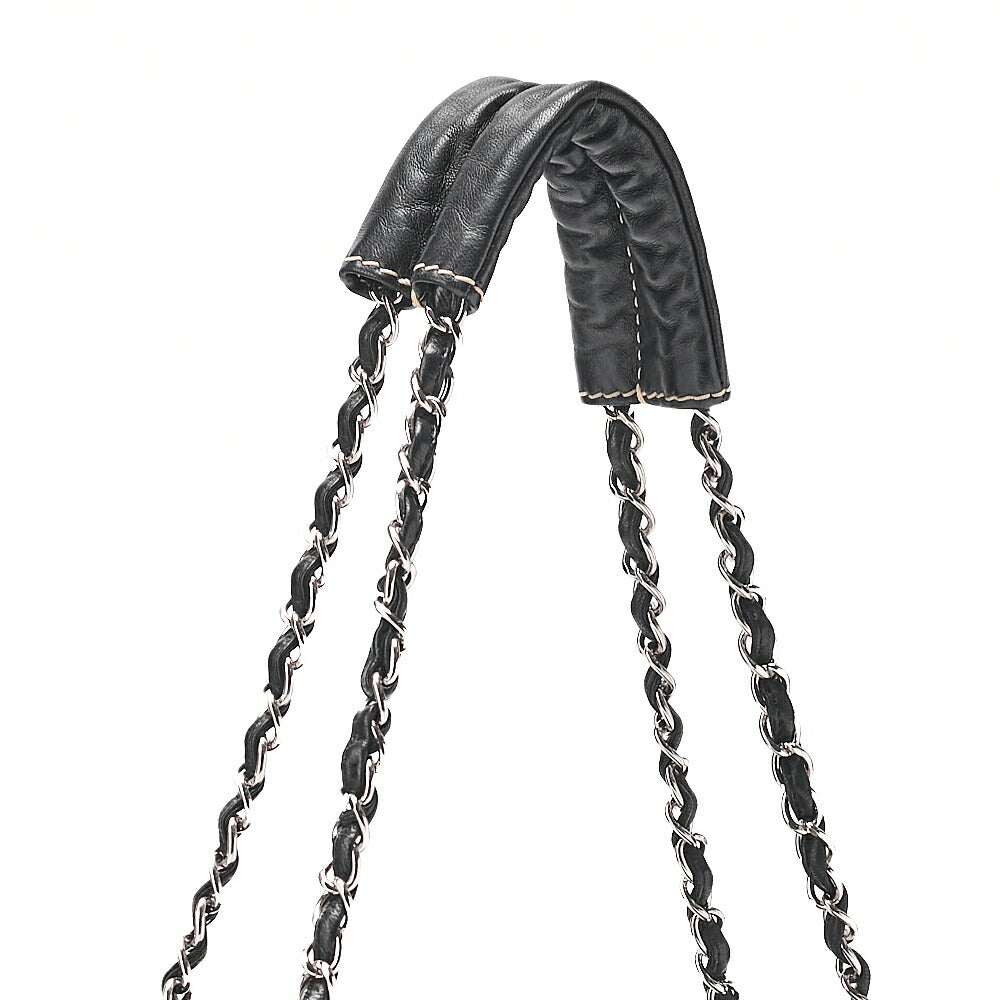 CHANEL Logo Mark One-Shoulder Bag Cotton ⅹ Lambskin Black x White Silver-Tone Hardware, Pre-Owned
