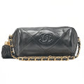 CHANEL Lambskin Matelasse Coco Mark Fringe Chain Shoulder Black Gold-Tone Hardware, Pre-Owned