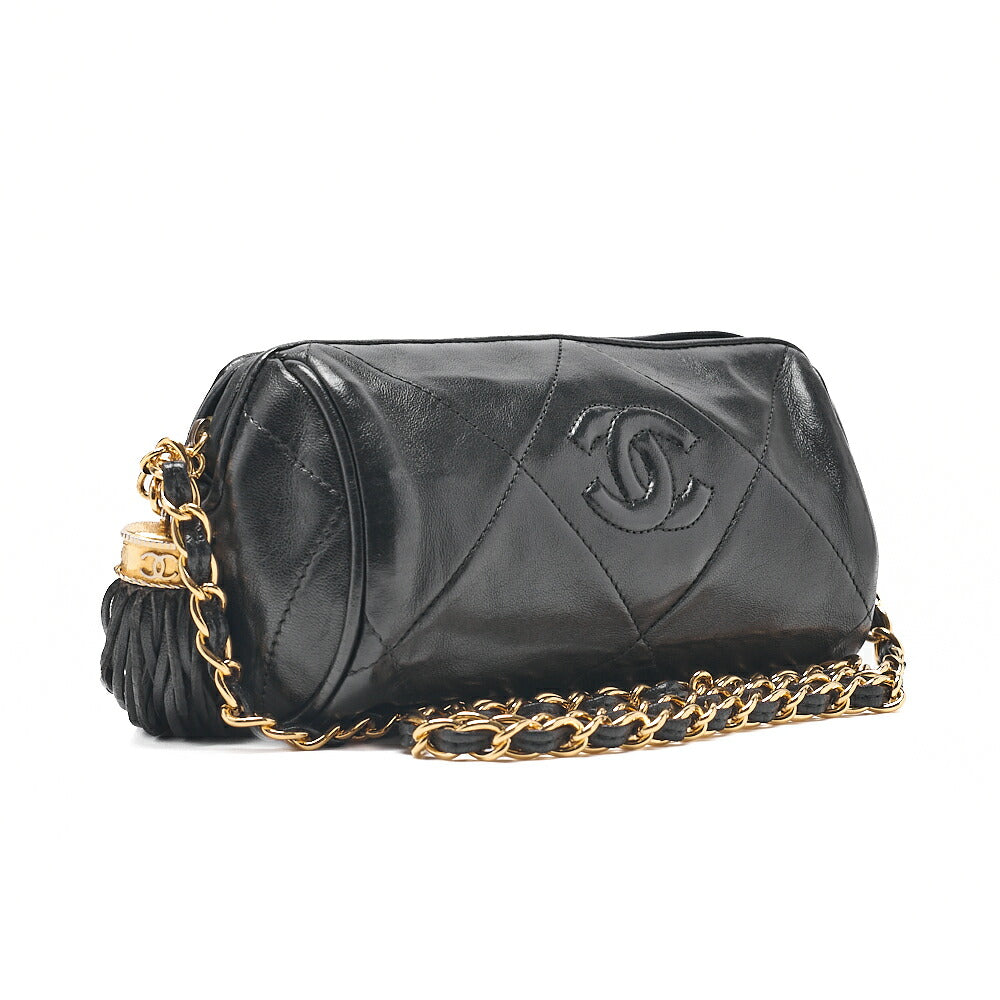 CHANEL Lambskin Matelasse Coco Mark Fringe Chain Shoulder Black Gold-Tone Hardware, Pre-Owned