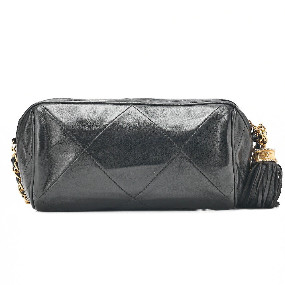 CHANEL Lambskin Matelasse Coco Mark Fringe Chain Shoulder Black Gold-Tone Hardware, Pre-Owned