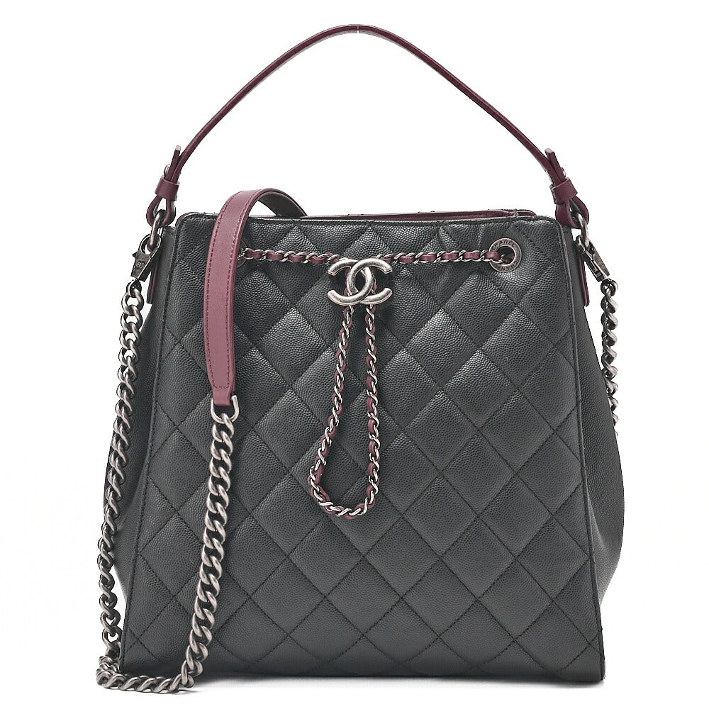 CHANEL 2-way Chain Shoulder Bag Matelasse Drawstring Type Caviar Skin Coco Charm Black ｘ Bordeaux Silver-Tone Hardware, Pre-Owned