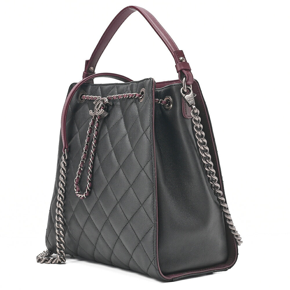 CHANEL 2-way Chain Shoulder Bag Matelasse Drawstring Type Caviar Skin Coco Charm Black ｘ Bordeaux Silver-Tone Hardware, Pre-Owned
