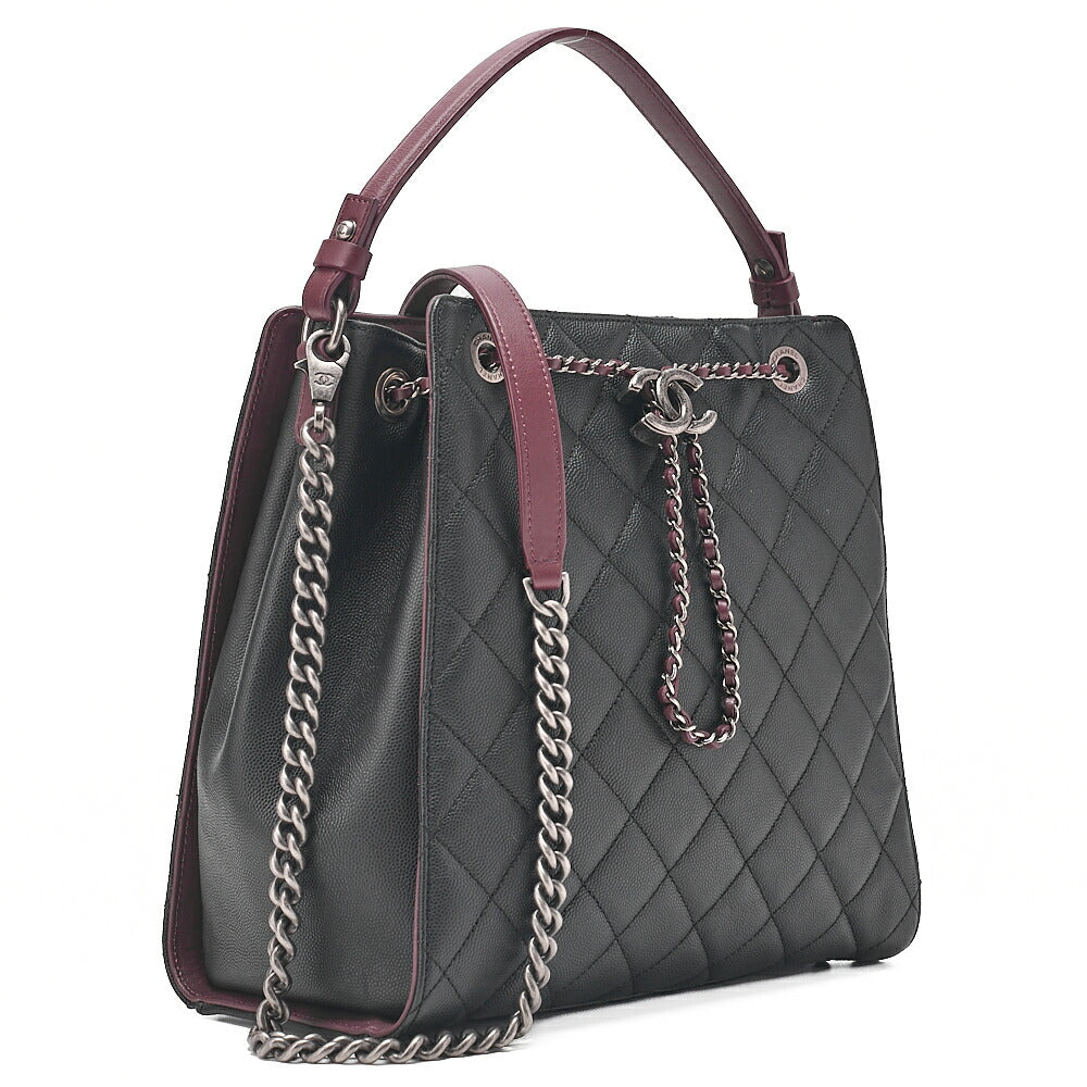 CHANEL 2-way Chain Shoulder Bag Matelasse Drawstring Type Caviar Skin Coco Charm Black ｘ Bordeaux Silver-Tone Hardware, Pre-Owned