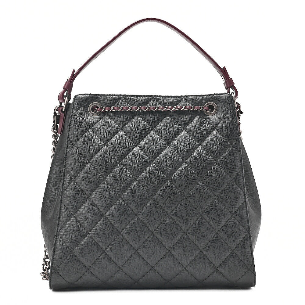 CHANEL 2-way Chain Shoulder Bag Matelasse Drawstring Type Caviar Skin Coco Charm Black ｘ Bordeaux Silver-Tone Hardware, Pre-Owned