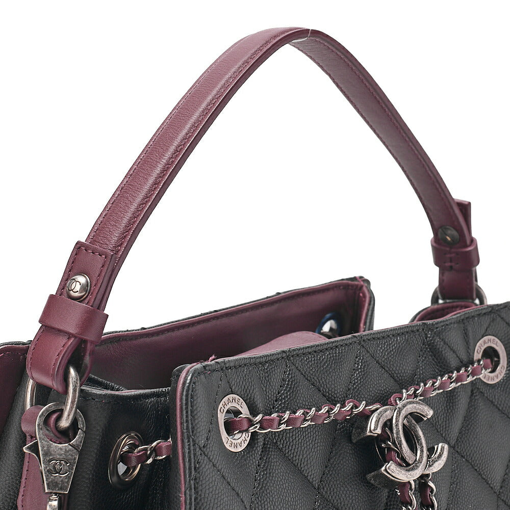 CHANEL 2-way Chain Shoulder Bag Matelasse Drawstring Type Caviar Skin Coco Charm Black ｘ Bordeaux Silver-Tone Hardware, Pre-Owned