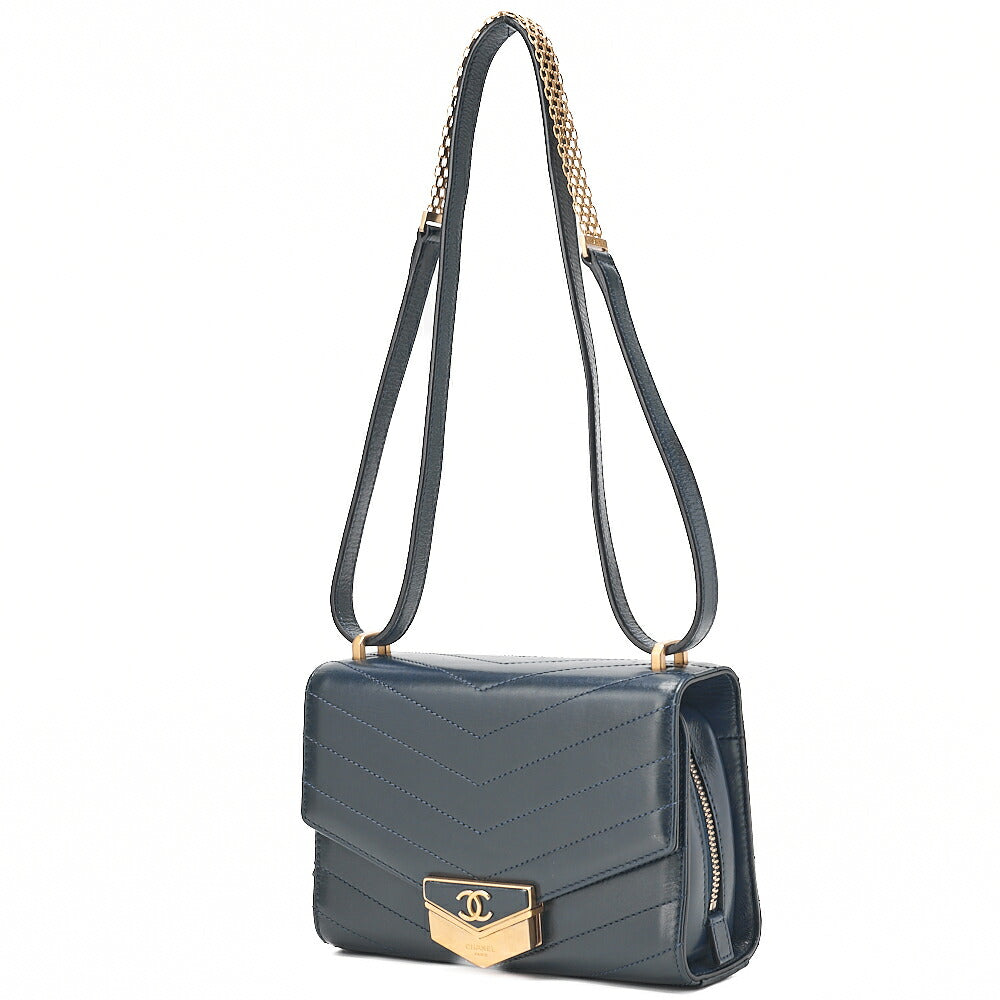 CHANEL Calfskin V-Stitch Chevron Beauty Coco Chain Shoulder Navy Gold-Tone Hardware, Pre-Owned