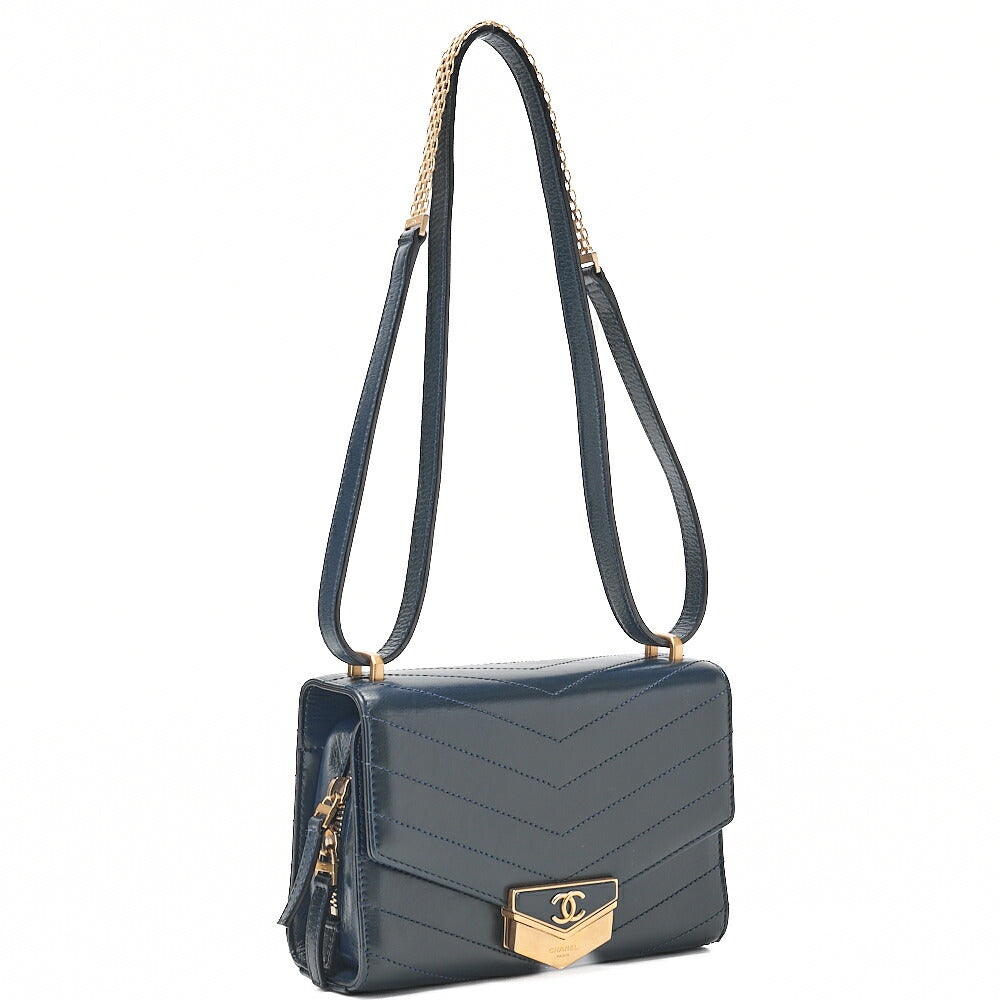 CHANEL Calfskin V-Stitch Chevron Beauty Coco Chain Shoulder Navy Gold-Tone Hardware, Pre-Owned