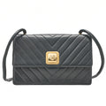 CHANEL Lambskin V-Stitch Pushlock Shoulder Bag Black Gold-Tone Hardware, Pre-Owned