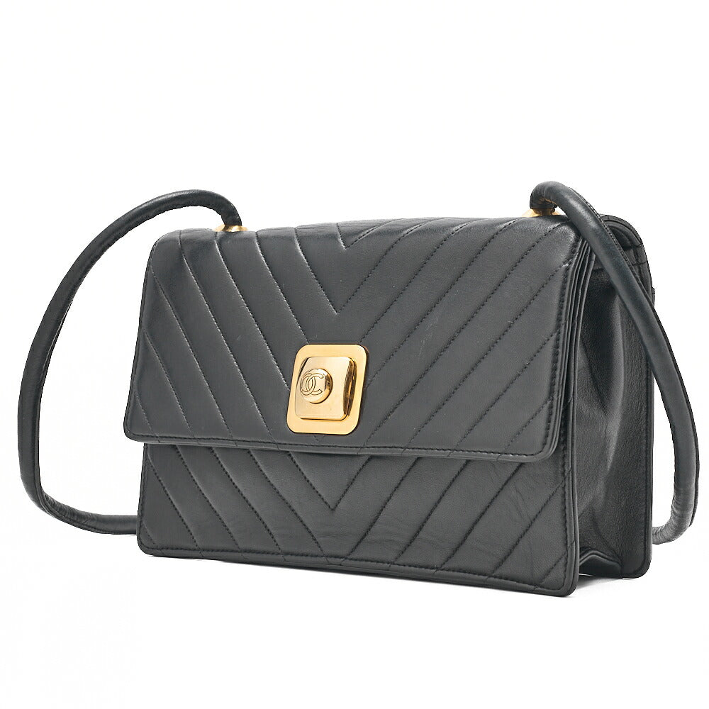 CHANEL Lambskin V-Stitch Pushlock Shoulder Bag Black Gold-Tone Hardware, Pre-Owned