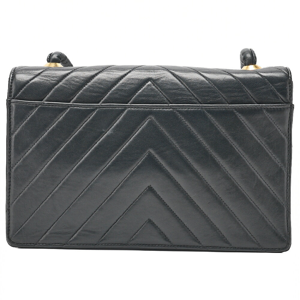 CHANEL Lambskin V-Stitch Pushlock Shoulder Bag Black Gold-Tone Hardware, Pre-Owned