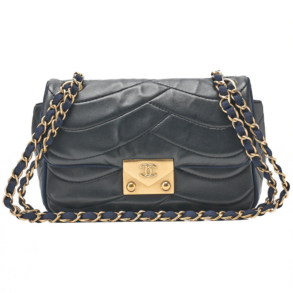 CHANEL Lambskin Diagonal Stitch Coco Mark Chain Shoulder Dark Navy Gold-Tone Hardware, Pre-Owned