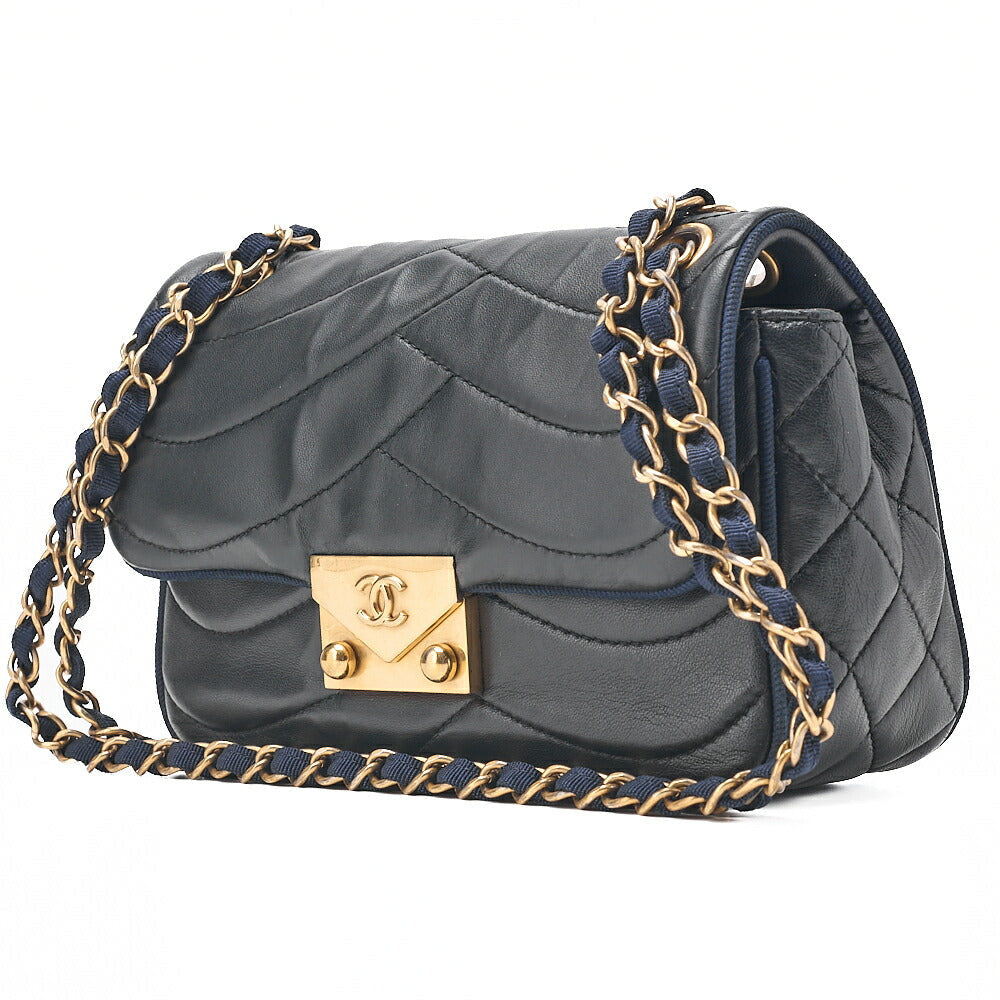 CHANEL Lambskin Diagonal Stitch Coco Mark Chain Shoulder Dark Navy Gold-Tone Hardware, Pre-Owned