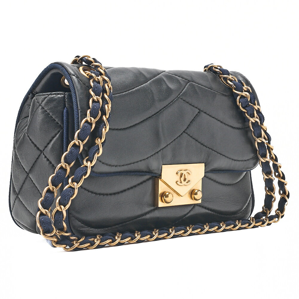CHANEL Lambskin Diagonal Stitch Coco Mark Chain Shoulder Dark Navy Gold-Tone Hardware, Pre-Owned