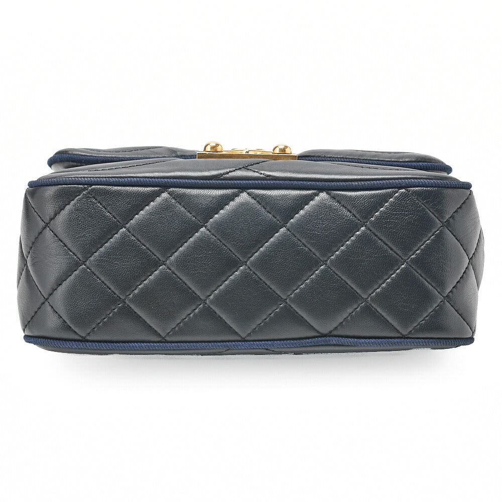 CHANEL Lambskin Diagonal Stitch Coco Mark Chain Shoulder Dark Navy Gold-Tone Hardware, Pre-Owned