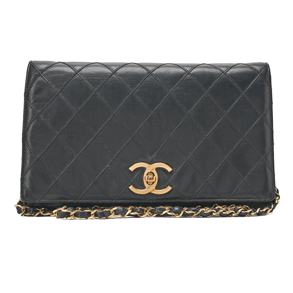 CHANEL Lambskin Matelasse Full Flap Turn Lock Chain Shoulder Black Gold-Tone Hardware, Pre-Owned