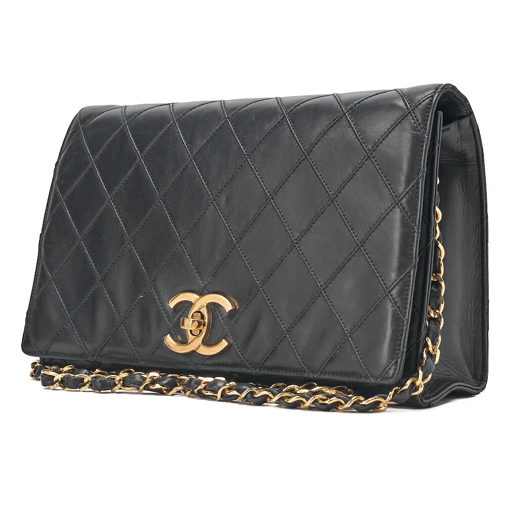 CHANEL Lambskin Matelasse Full Flap Turn Lock Chain Shoulder Black Gold-Tone Hardware, Pre-Owned