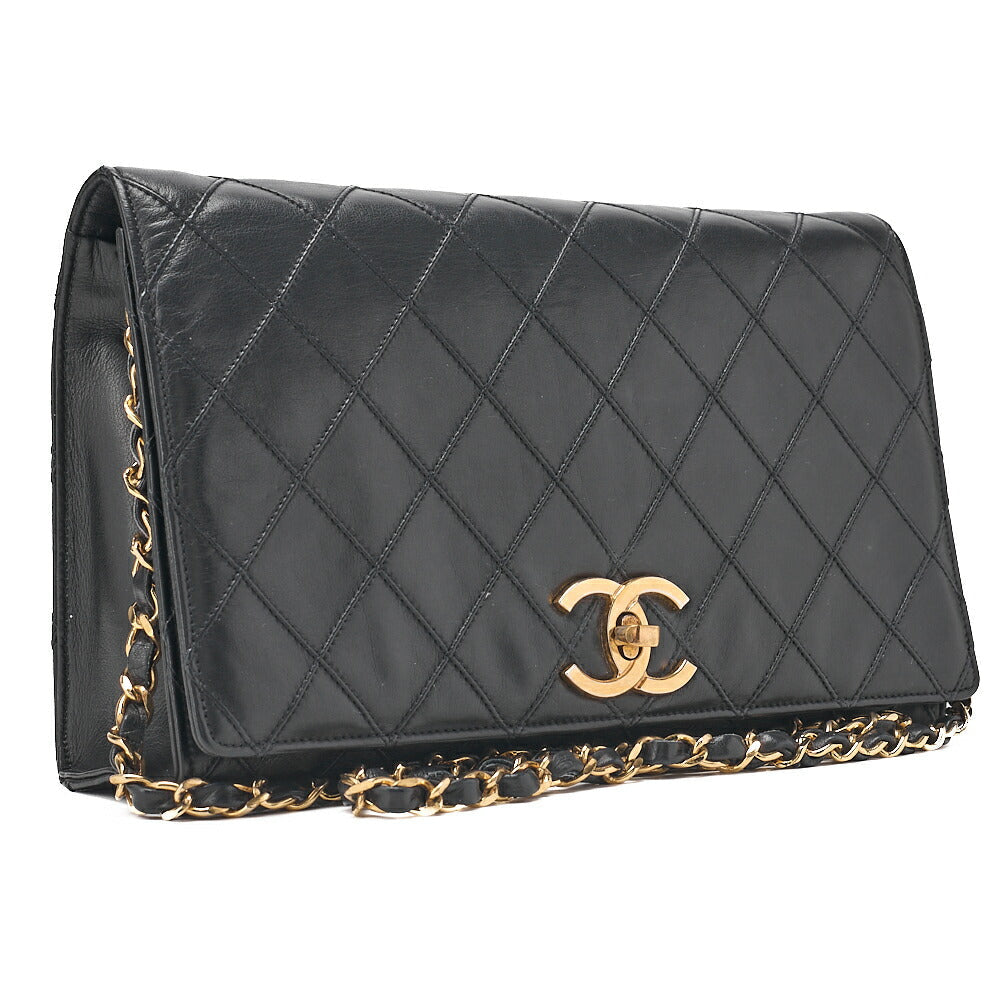 CHANEL Lambskin Matelasse Full Flap Turn Lock Chain Shoulder Black Gold-Tone Hardware, Pre-Owned