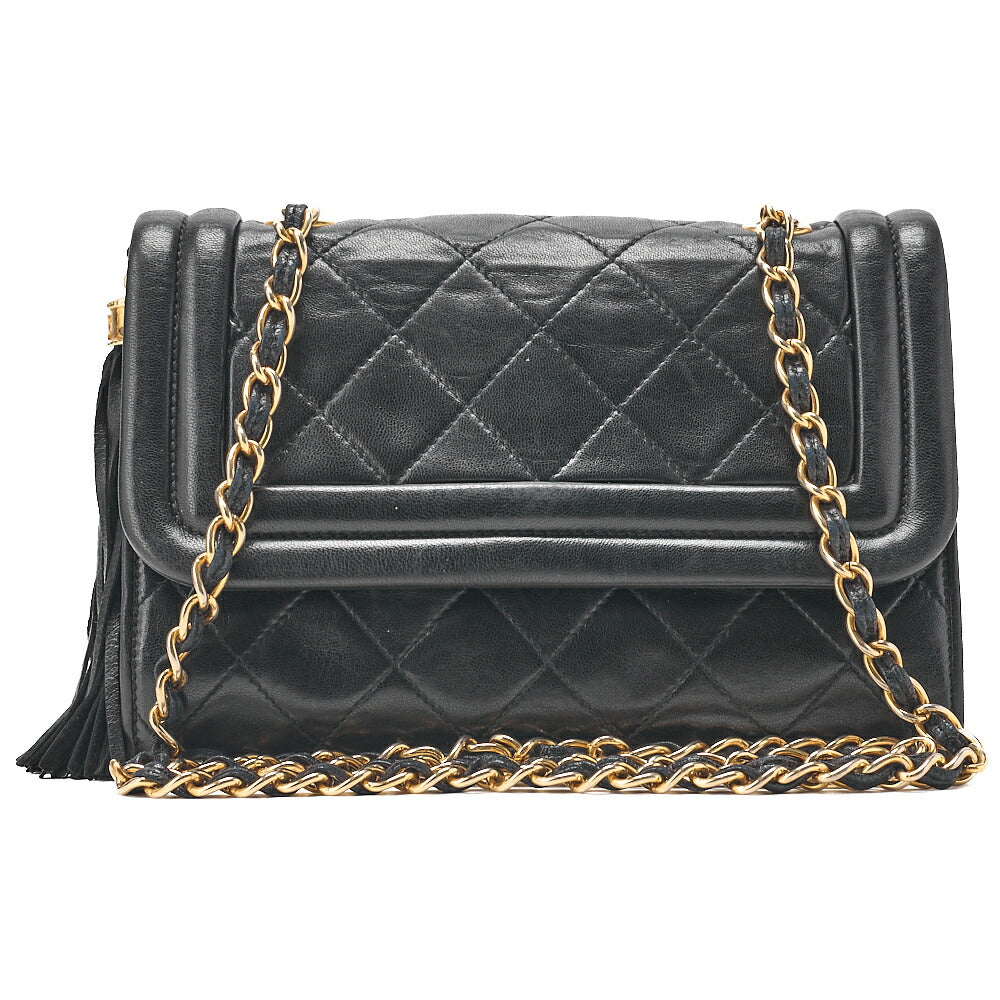 CHANEL Lambskin Matelasse Fringe Magnetic Lock Chain Shoulder Black Gold-Tone Hardware, Pre-Owned