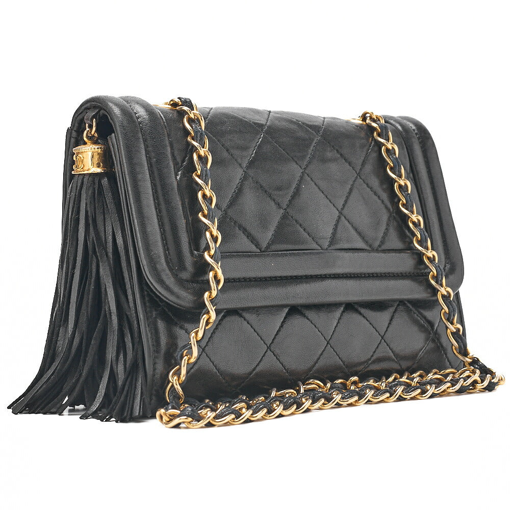 CHANEL Lambskin Matelasse Fringe Magnetic Lock Chain Shoulder Black Gold-Tone Hardware, Pre-Owned