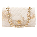 CHANEL Canvas Matelasse Camellia W Flap 25cm Chain Shoulder Ivory Gold-Tone Hardware, Pre-Owned