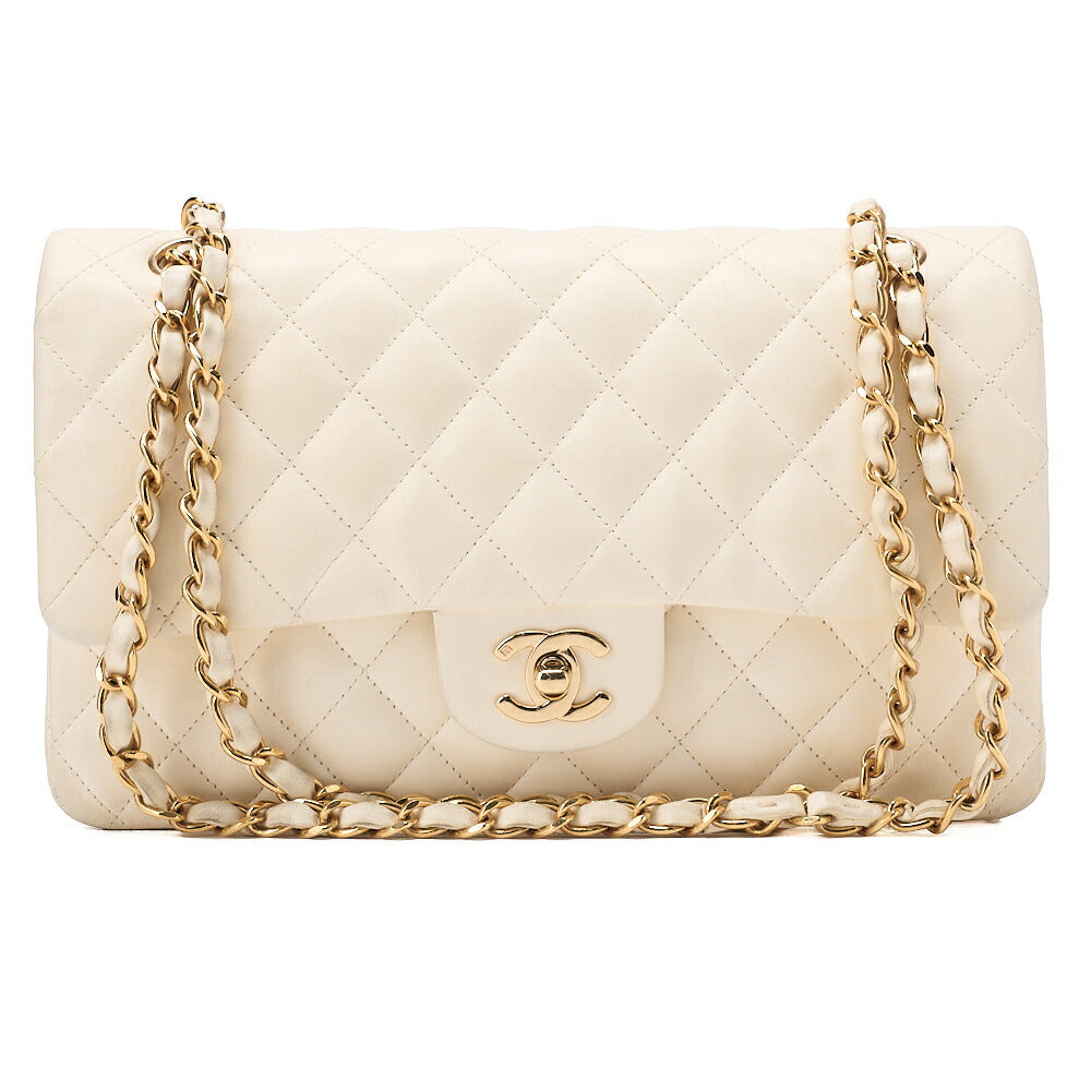 CHANEL Lambskin Matelasse 25cm Double Flap Chain Shoulder Ivory Gold-Tone Hardware, Pre-Owned