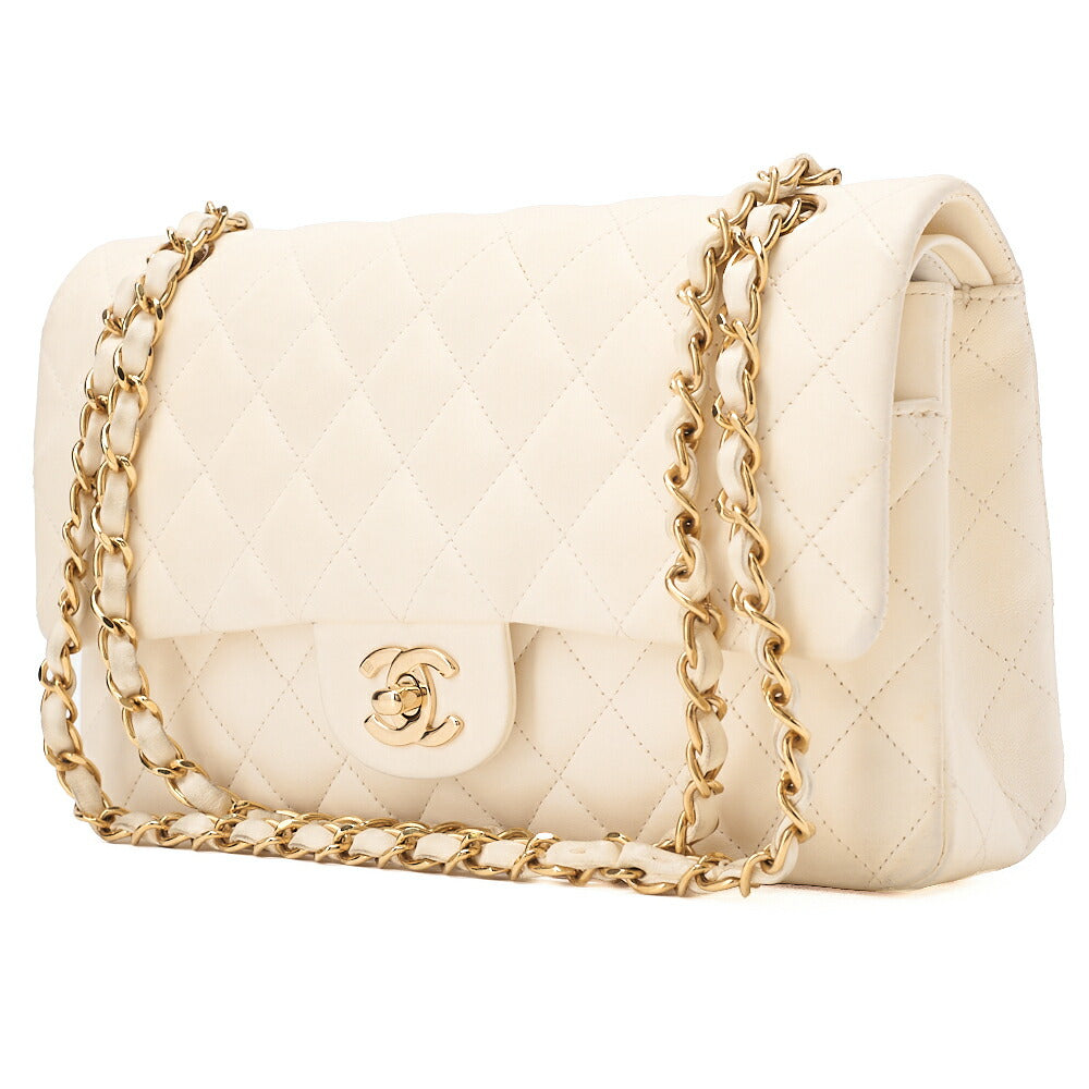 CHANEL Lambskin Matelasse 25cm Double Flap Chain Shoulder Ivory Gold-Tone Hardware, Pre-Owned