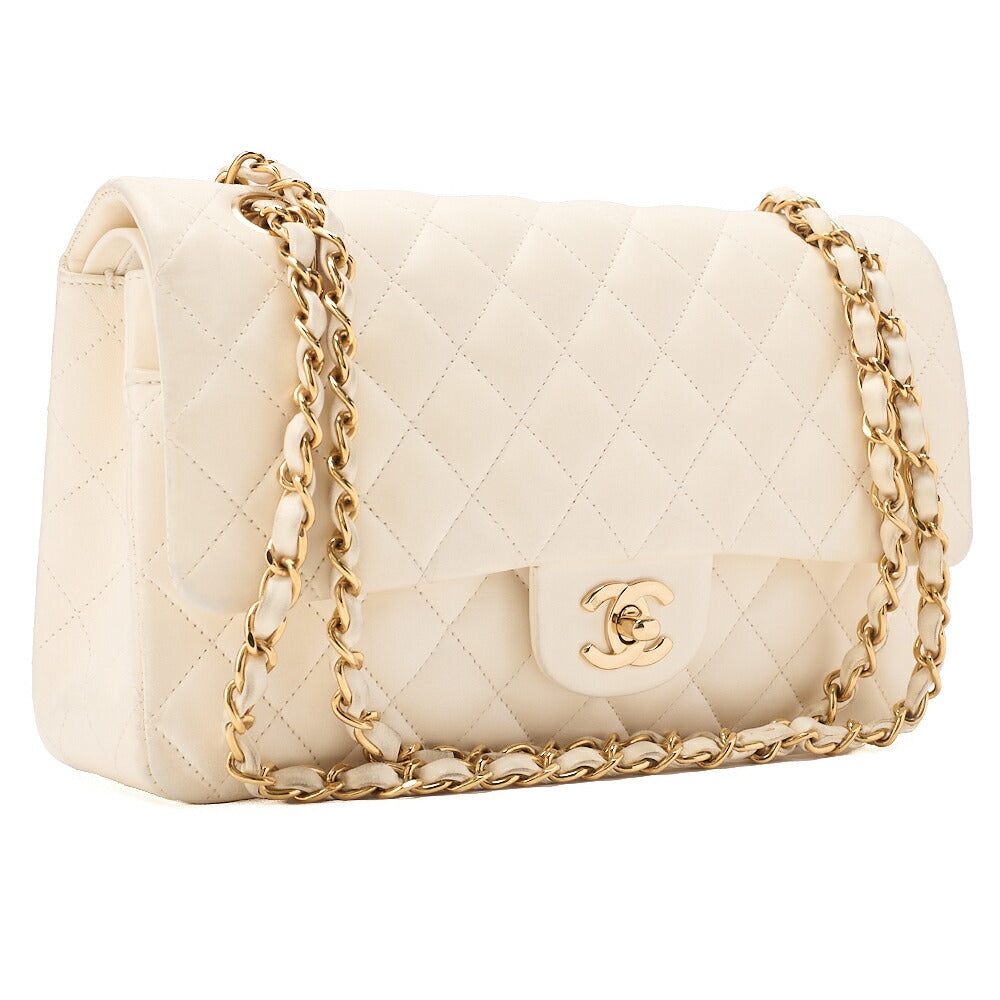 CHANEL Lambskin Matelasse 25cm Double Flap Chain Shoulder Ivory Gold-Tone Hardware, Pre-Owned