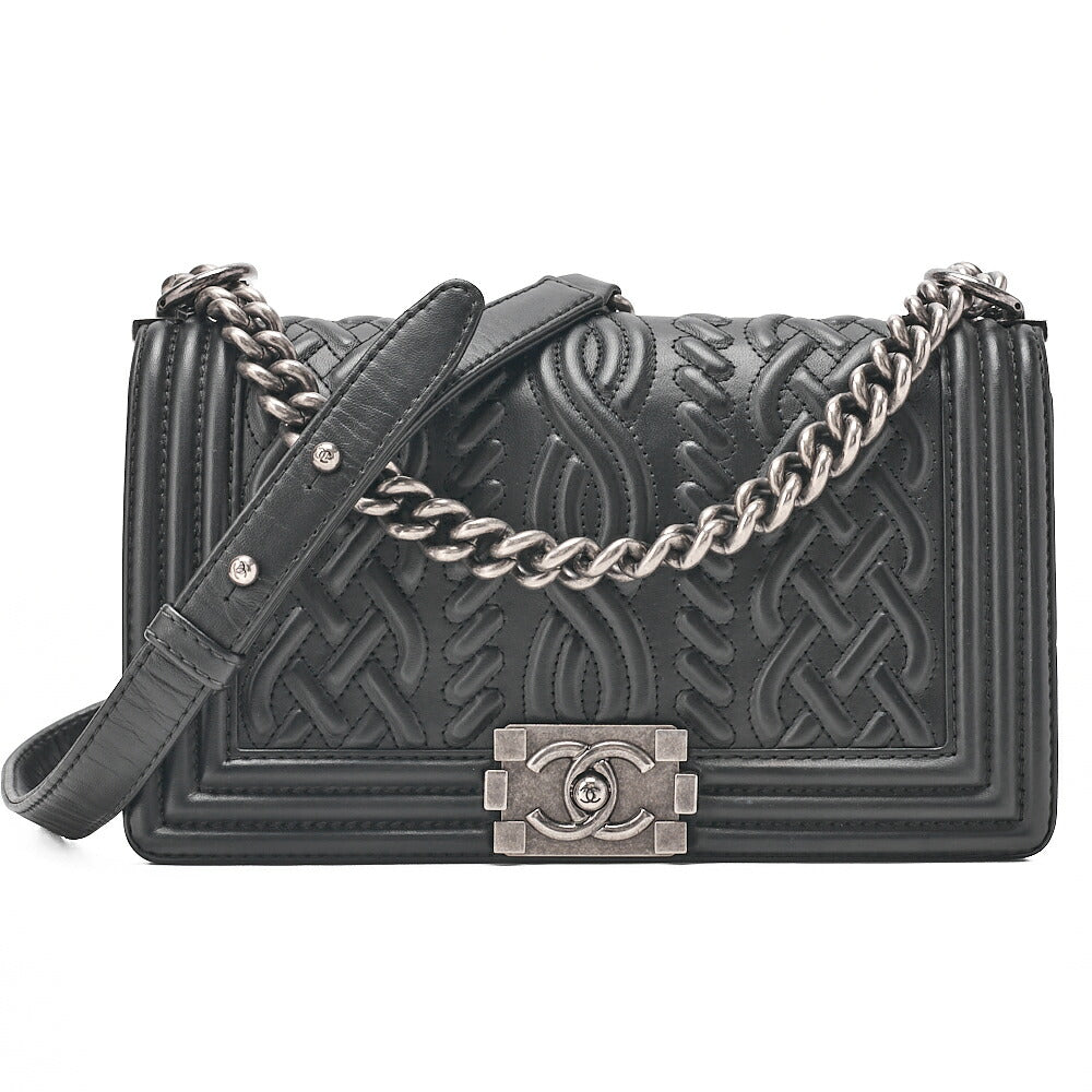 CHANEL Lambskin Boy Chanel Braided Stitch Chain Shoulder Black Silver-Tone Hardware, Pre-Owned