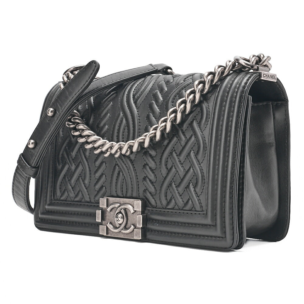 CHANEL Lambskin Boy Chanel Braided Stitch Chain Shoulder Black Silver-Tone Hardware, Pre-Owned