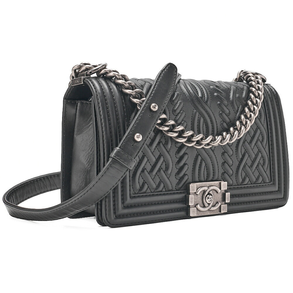 CHANEL Lambskin Boy Chanel Braided Stitch Chain Shoulder Black Silver-Tone Hardware, Pre-Owned