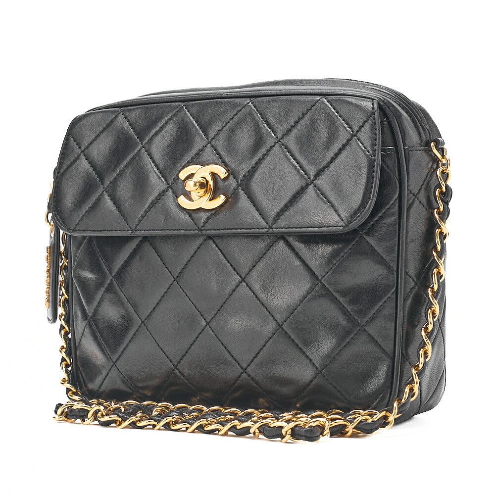 CHANEL Lambskin Matelasse Plate Charm Outside Flap Turn Lock Coco Mark Chain Shoulder Black Gold-Tone Hardware, Pre-Owned
