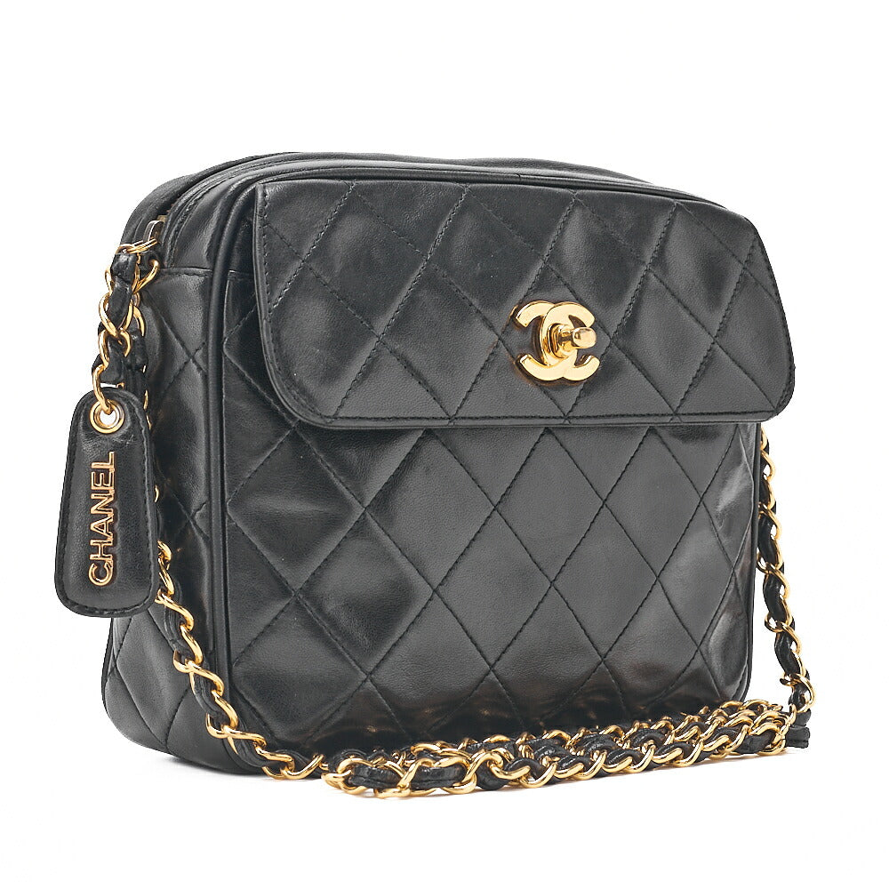 CHANEL Lambskin Matelasse Plate Charm Outside Flap Turn Lock Coco Mark Chain Shoulder Black Gold-Tone Hardware, Pre-Owned