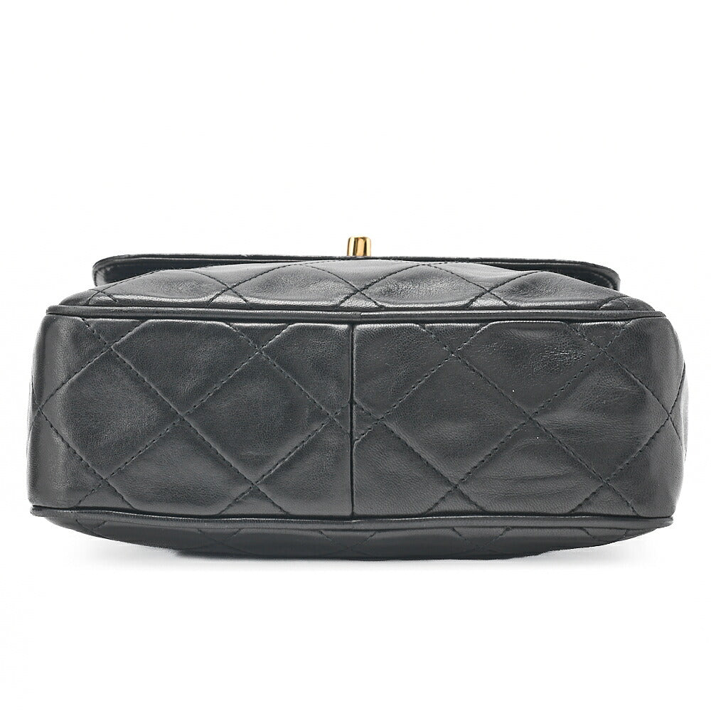 CHANEL Lambskin Matelasse Plate Charm Outside Flap Turn Lock Coco Mark Chain Shoulder Black Gold-Tone Hardware, Pre-Owned